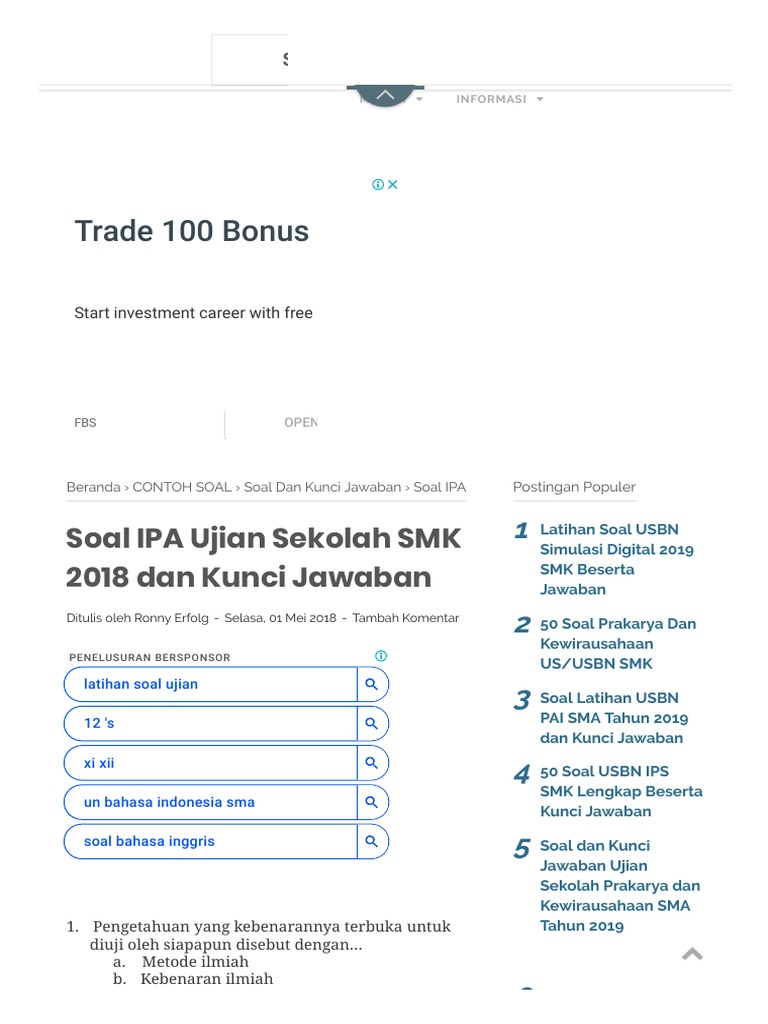  Soal  IPA Ujian  Sekolah  SMK  2020 dan  Kunci Jawaban  