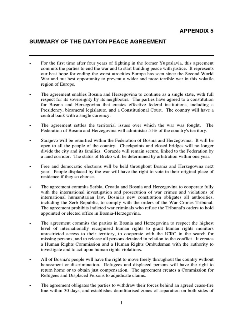 Summary of the Dayton Peace Agreement | PDF | Bosnia And Herzegovina ...