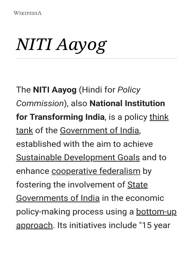 NITI Aayog: India's Policy Think Tank | PDF | Government Of India ...