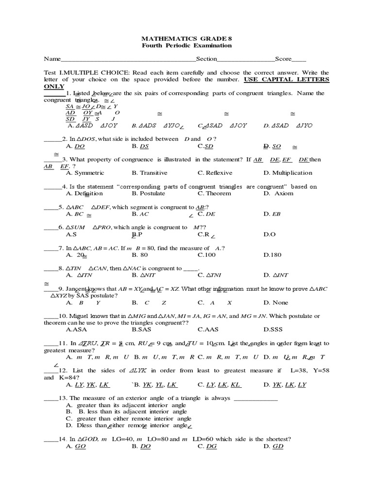 Fourth Periodical Test Geometry Elementary Mathematics