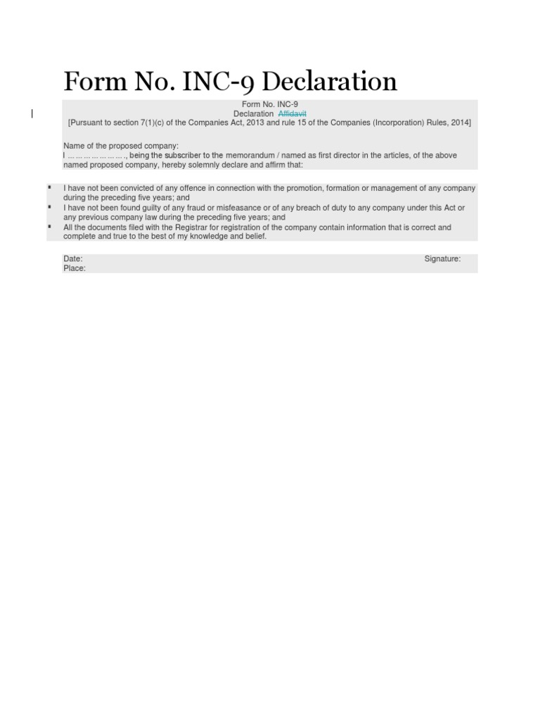 INC-9 Declaration for Company Registration | PDF