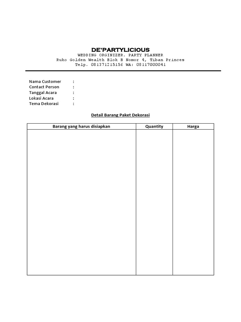 De'Partylicious Nama Customer Contact Person Tanggal Acara Lokasi