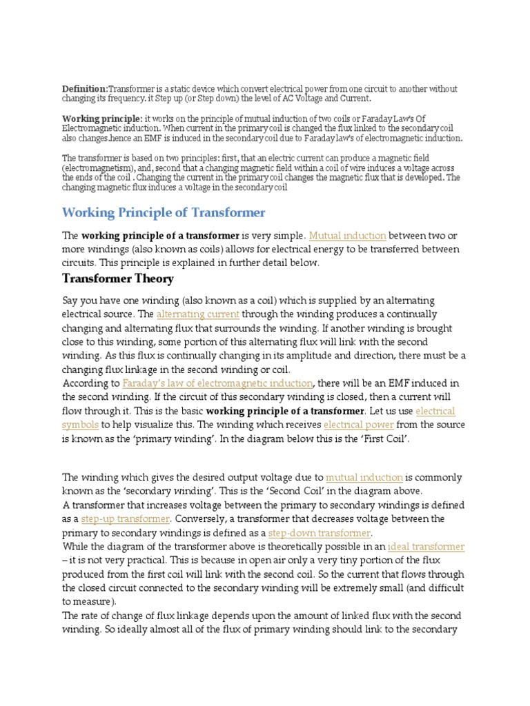 Working Principle of Transformer | PDF | Electromagnetic Induction ...