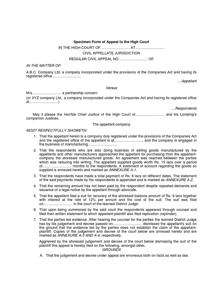 Specimen Form of Appeal To The High Court | PDF | Lawsuit | Judgment (Law)