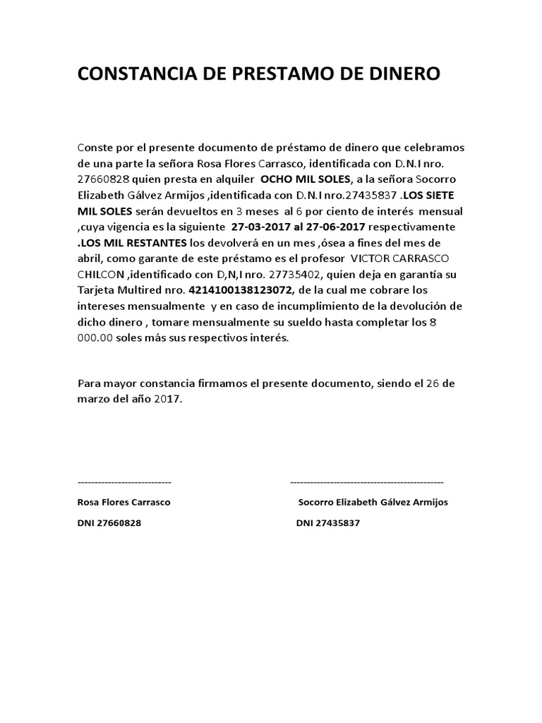 Constancia de Prestamo de Dinero | PDF