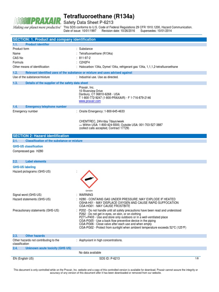 Safety Data Sheet R134a