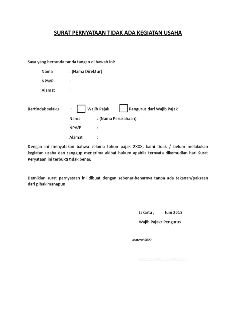 Surat Pernyataan Tidak Ada Kegiatan Usaha