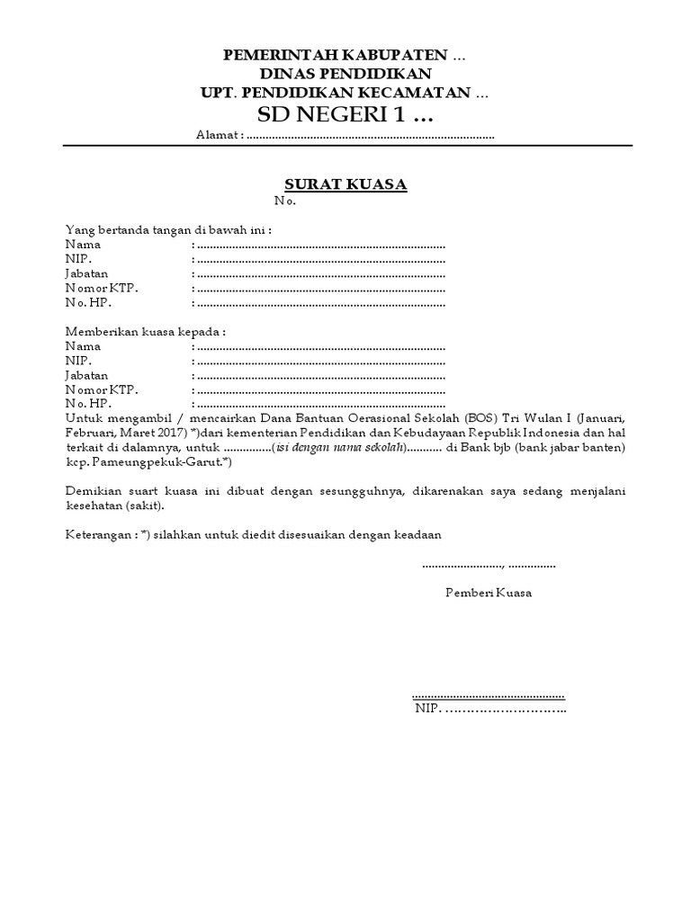 Contoh Surat Kuasa Pengambilan Dana Bos