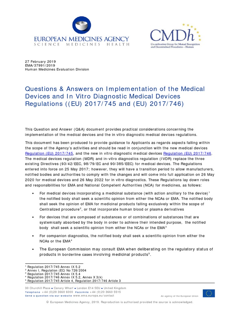 EMA - Questions & Answers On Implementation of Reg 2017 - 745 | PDF ...
