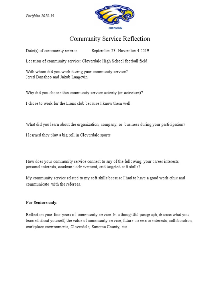 Community Service Reflection | PDF | Behavior Modification ...