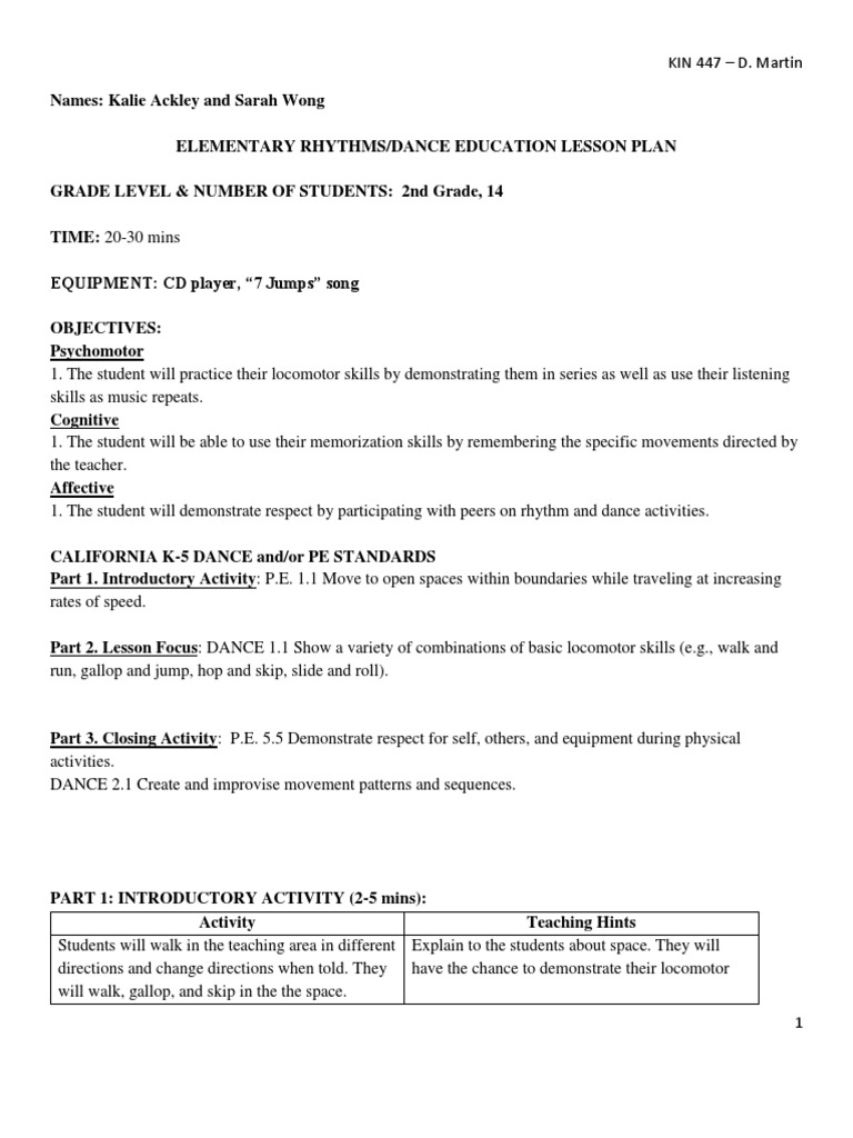 2nd Grade Dance Lesson Plan | PDF | Physical Education | Neuropsychology