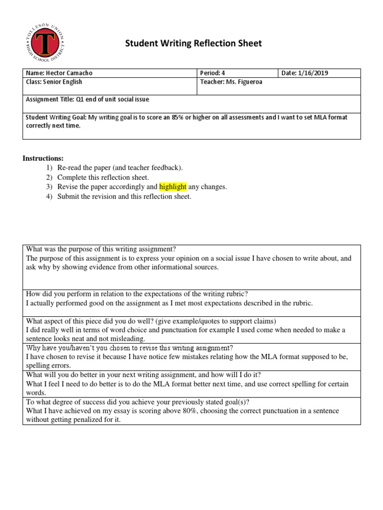 Student Writing Reflection and Revision Guide | PDF