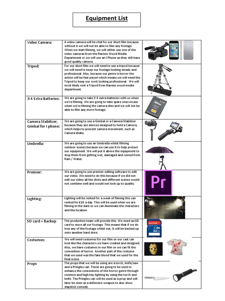 Equipment List PDF Tripod (Photography) Camera