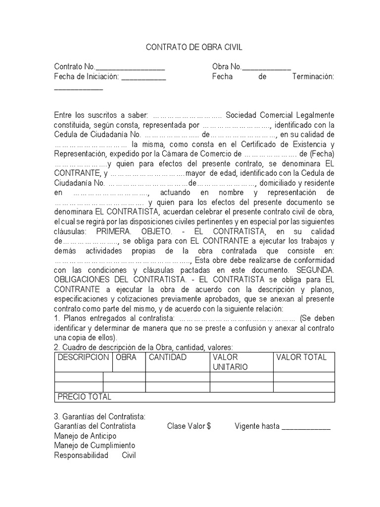 Contrato De Obra Civil Todo Costo Sociedad De Responsabilidad