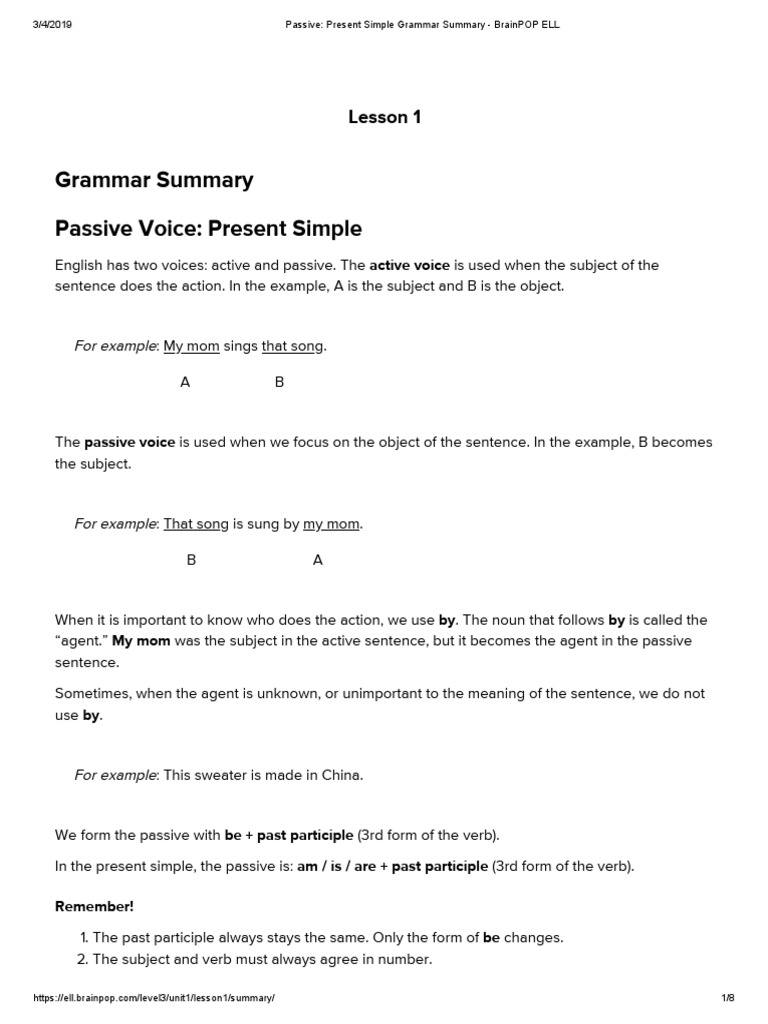 Passive Present Simple Grammar Summary BrainPOP ELL11 PDF Part