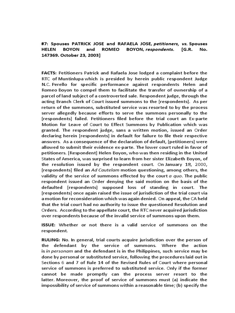 Digested Cases 7 To 10 | PDF | Service Of Process | Complaint