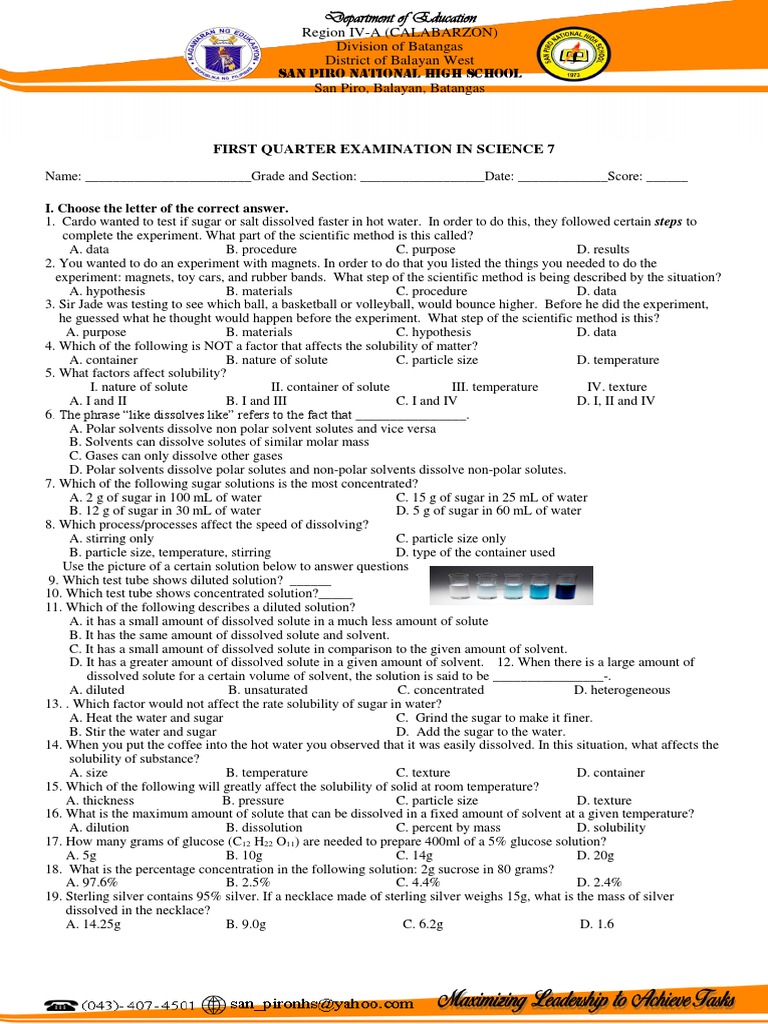 Grade 7 Science 1st Quarter Test | PDF | Solution | Chemical Processes