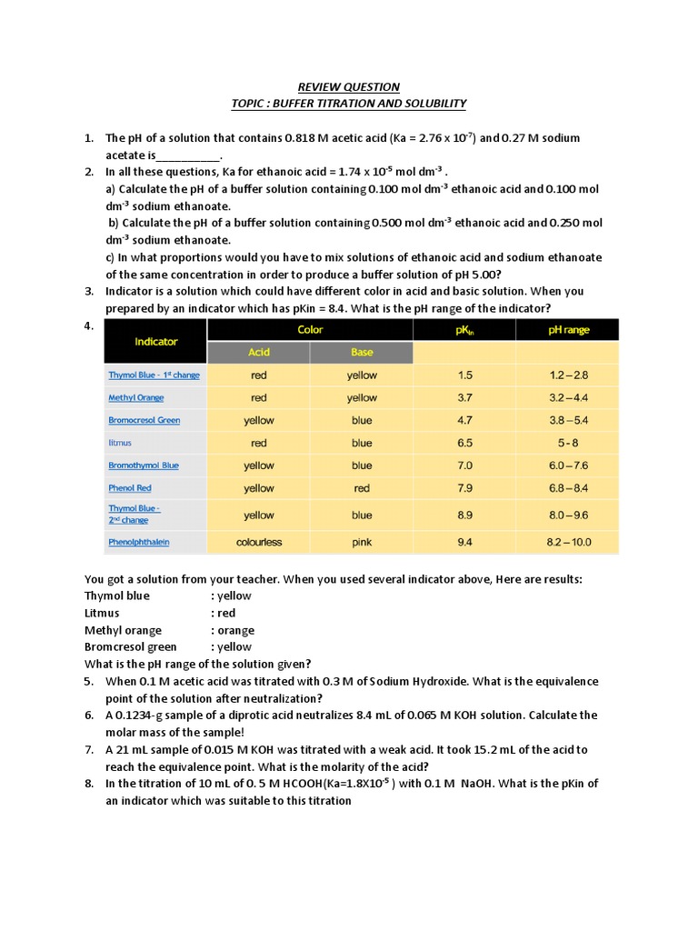Review Question Topic Buffer Titration and Solubility PDF Titration Chemistry