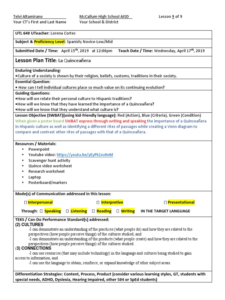 Utl 640 Lote 5e Lesson Plan 9 Revised PDF Second Language