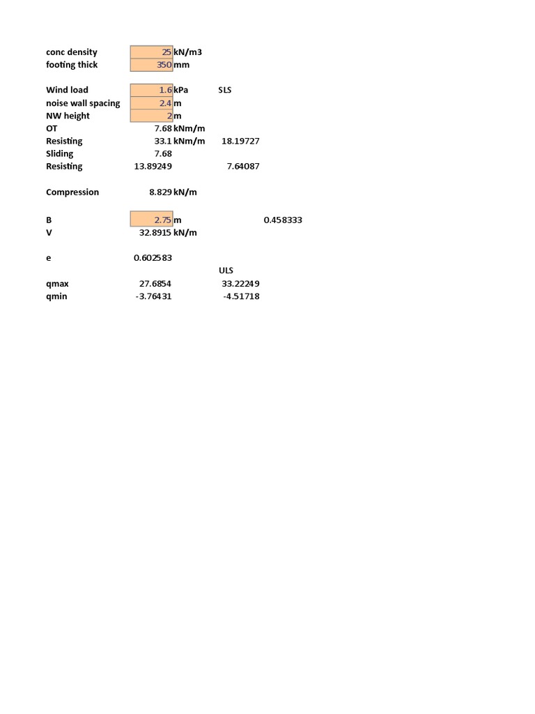 Conc Density Kn/M3 Footing Thick MM Wind Load Kpa Noise Wall Spacing M