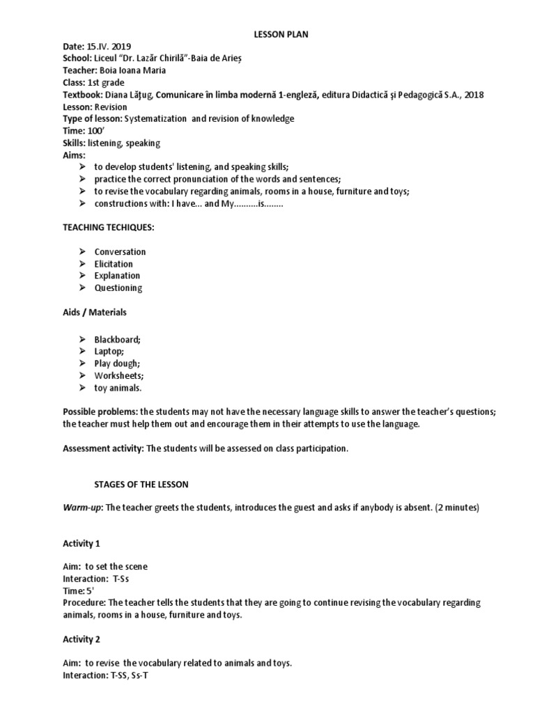 1st Grade English Revision Lesson Plan | PDF | Cognition | Behavior ...