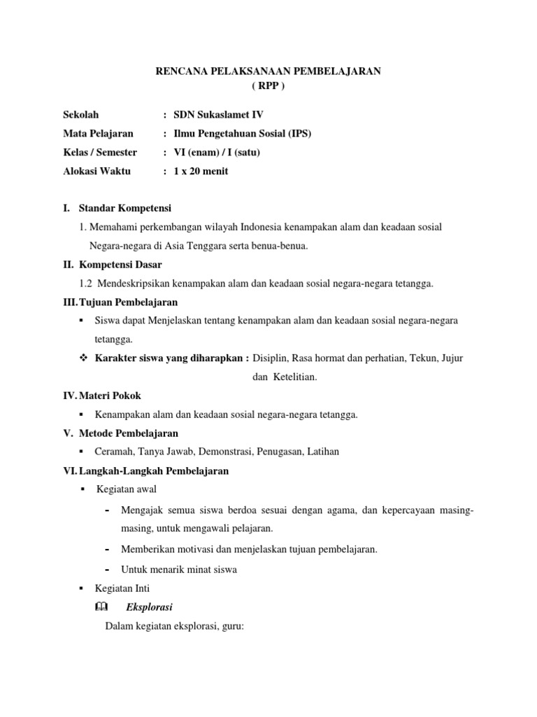 Rpp Ips Kelas Vi Kenampakan Alam Dan Sosial Negara Tetangga