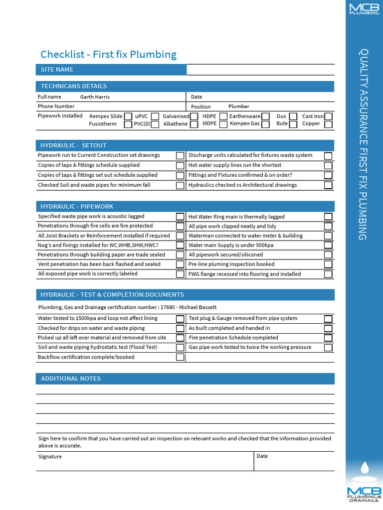 Checklist First Fix Plumbing Plumbing Home Appliance