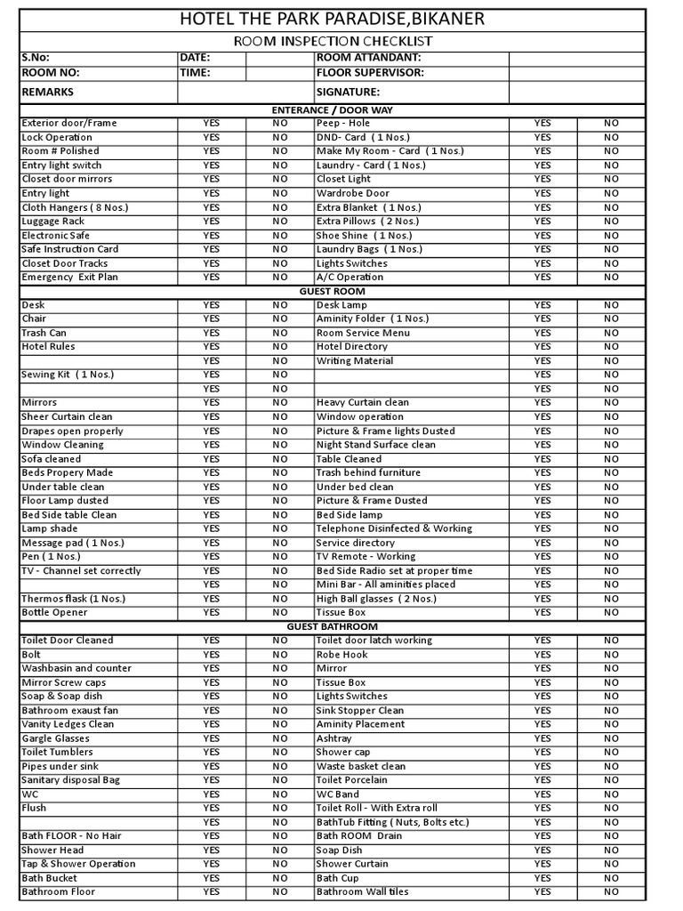 Supervisor Room Inspection Checklist PDF Shower Bathroom
