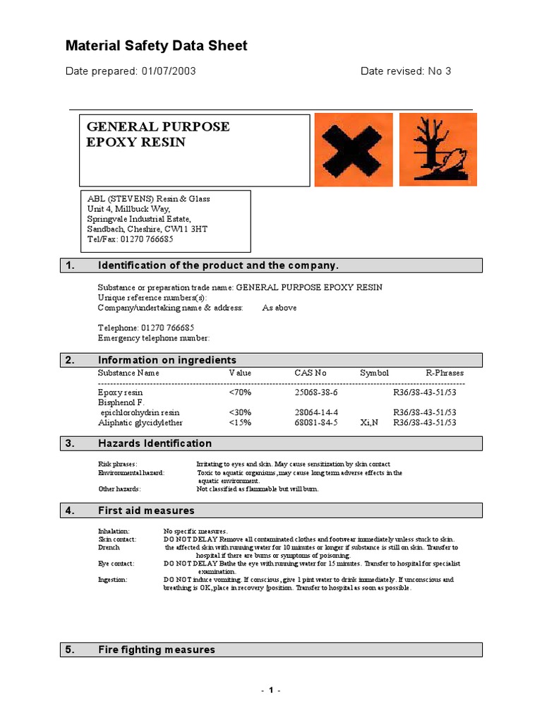 Material Safety Data Sheet for GENERAL PURPOSE EPOXY RESIN Hazard Identification, Exposure
