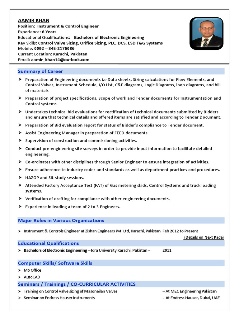 Sr. I&C Engineer Resume (Aamir Khan) - 1 | PDF | Process Control ...