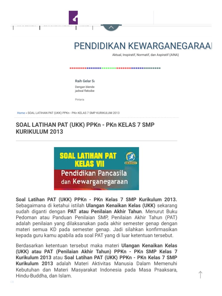 Soal Latihan Pat Ukk Ppkn Pkn Kelas 7 Smp Kurikulum 2013