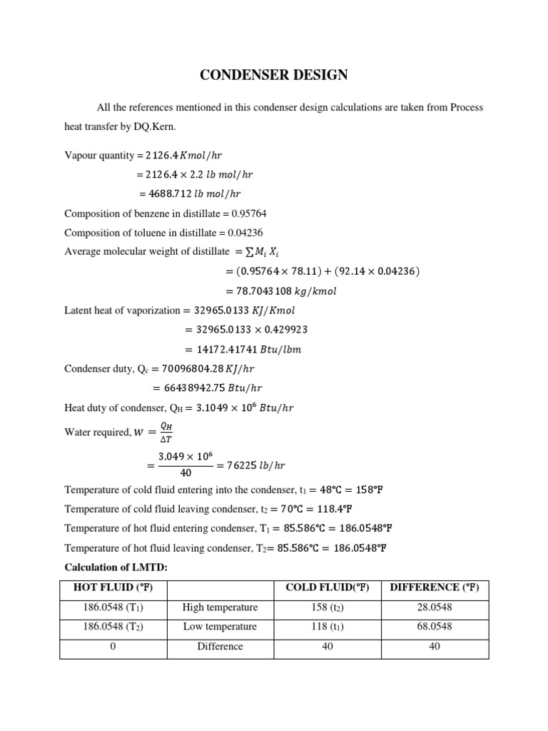 Condenser Design Calculation of LMTD Hot Fluid (Cold Fluid