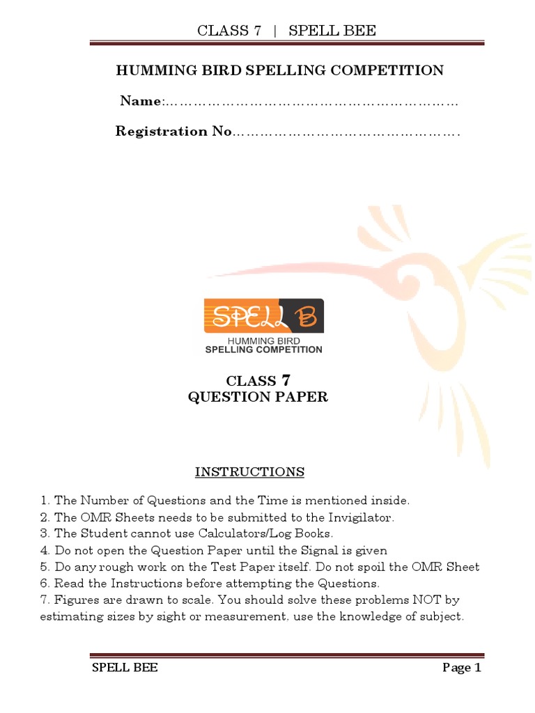 Class 7 Spell Bee Humming Bird Spelling Competition Name