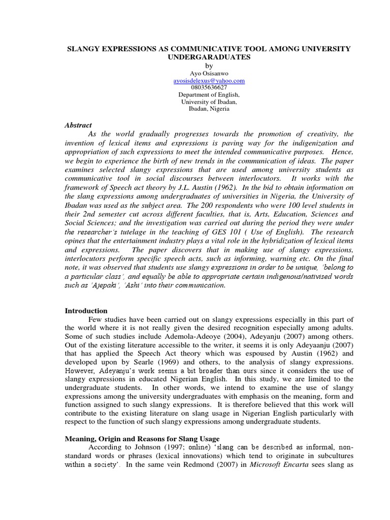 Slangy Expressions Communication University Undergaraduates by Ayo ...