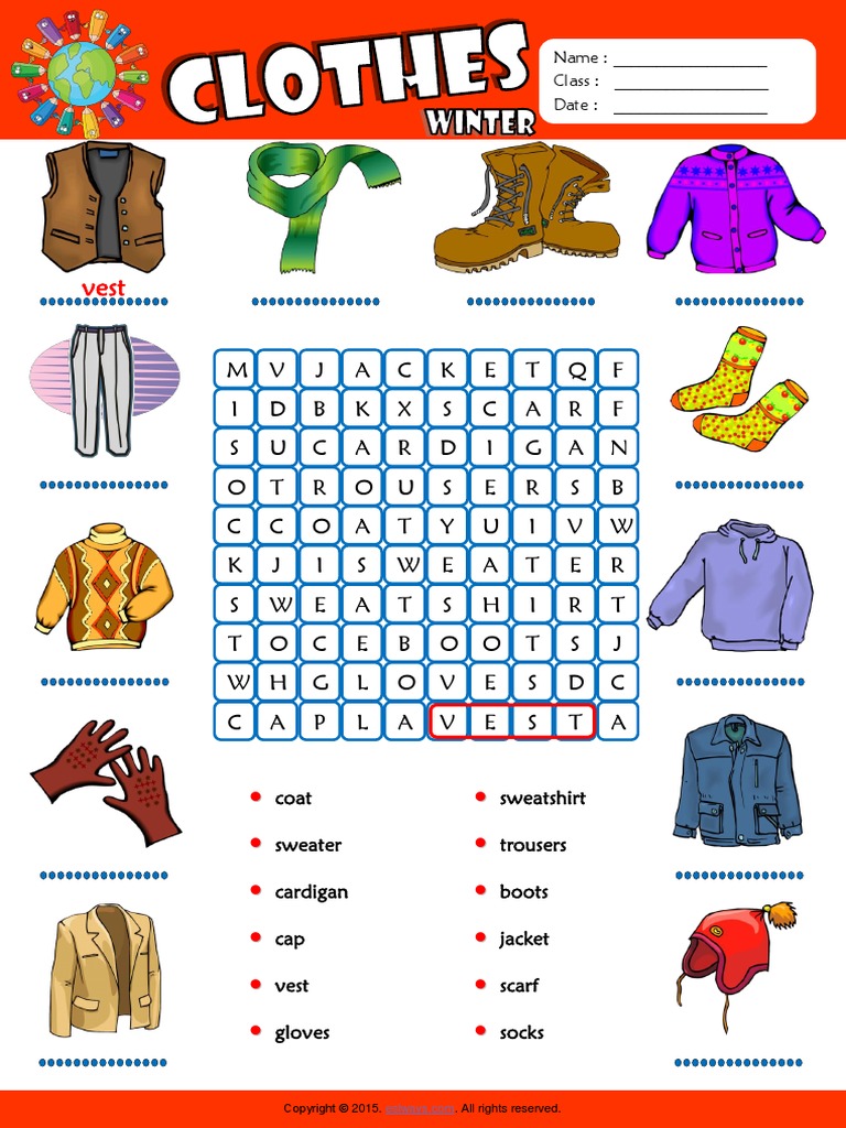 winter clothes esl vocabulary word search worksheet for
