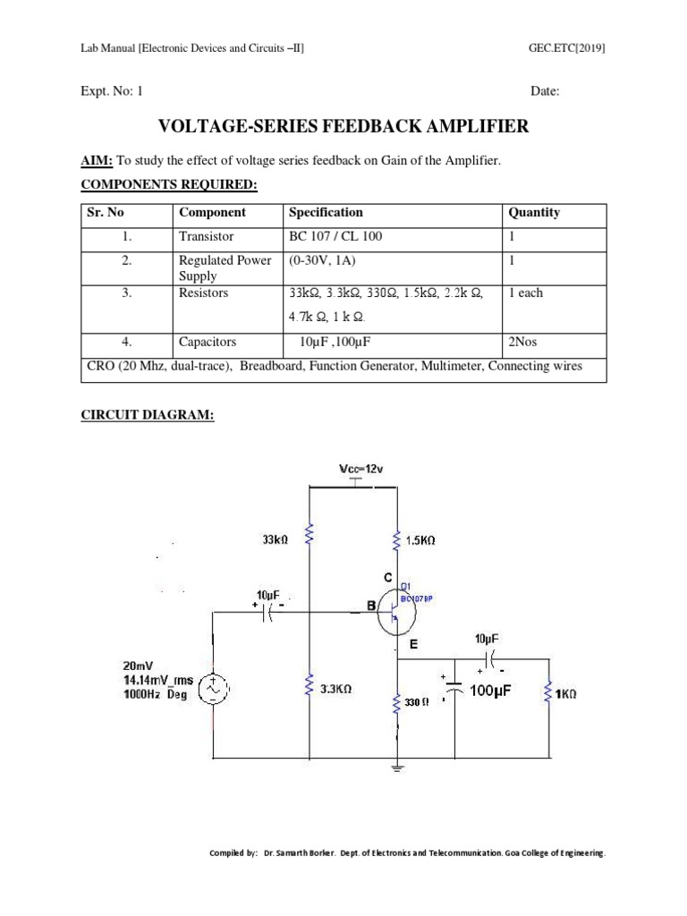 Expt 1 Voltage Series Feedback Apmlifier PDF Amplifier Feedback