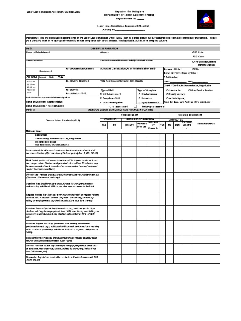 FM 5 2 509 Labor Laws Standards Compliance Assessment Checklist