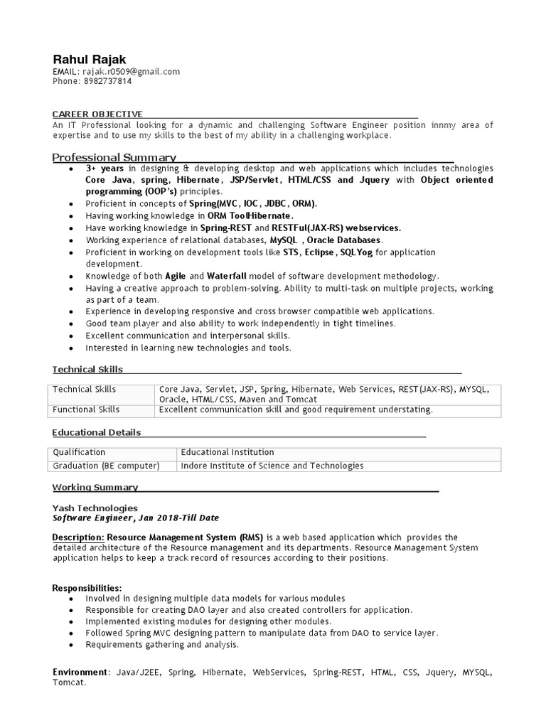 Software Engineer Resume of Rahul Rajak | PDF | Java Server Pages ...