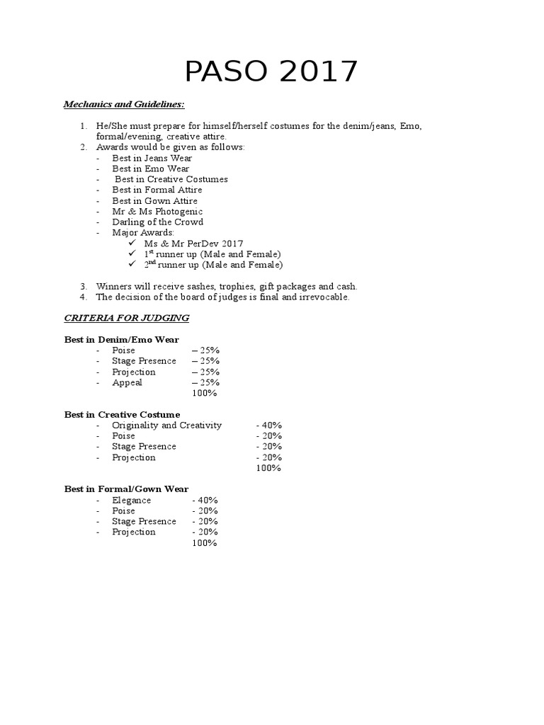 PASO Criteria For Judging PDF Clothing Fashion
