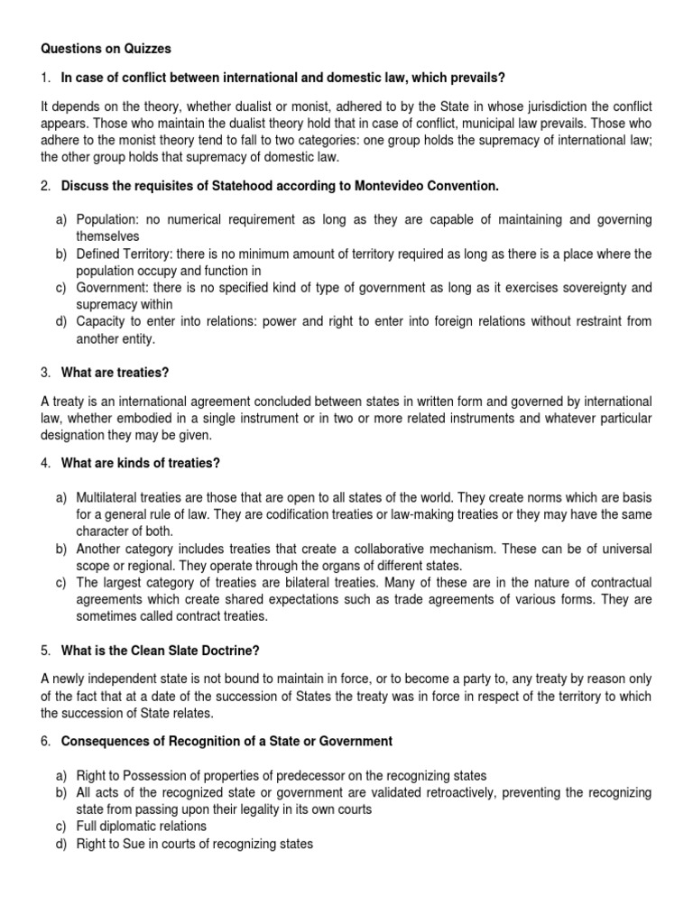 International Law Quiz Questions | PDF | Treaty | International Law