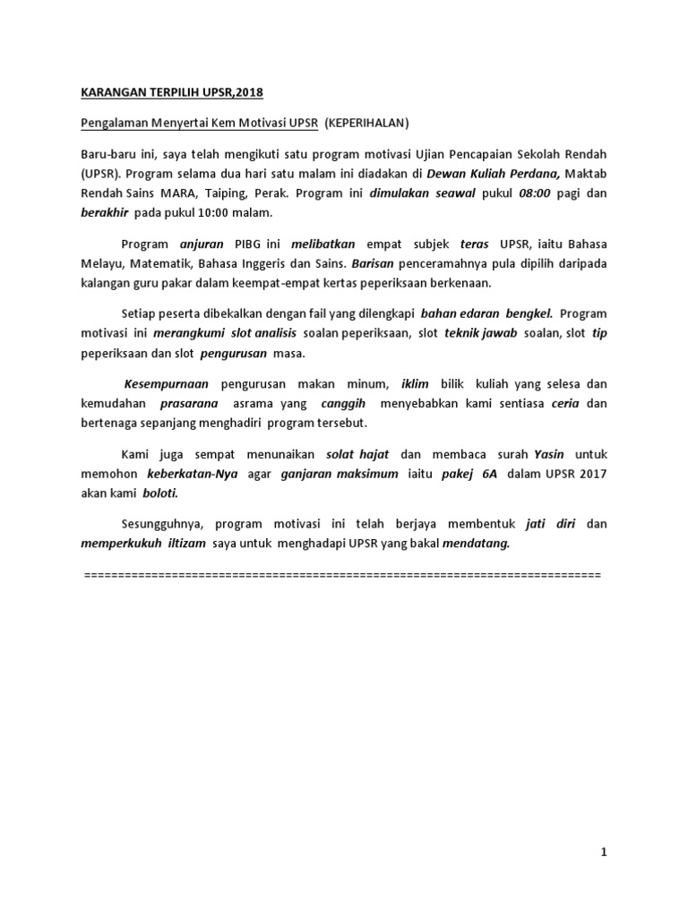 contoh karangan bahasa inggeris upsr 2018