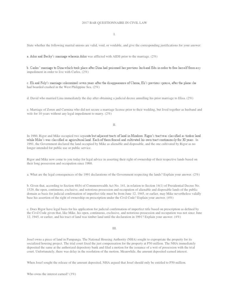 2017 Civil Law Bar Questions and Answers PDF Law And Economics