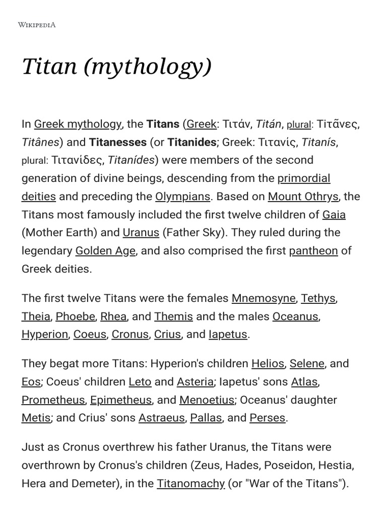 Titans in Greek Mythology | PDF | Ancient Greek Religion | Greek Deities