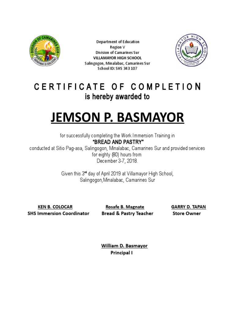 Villamayor High School Work Immersion Completion Certificates | PDF