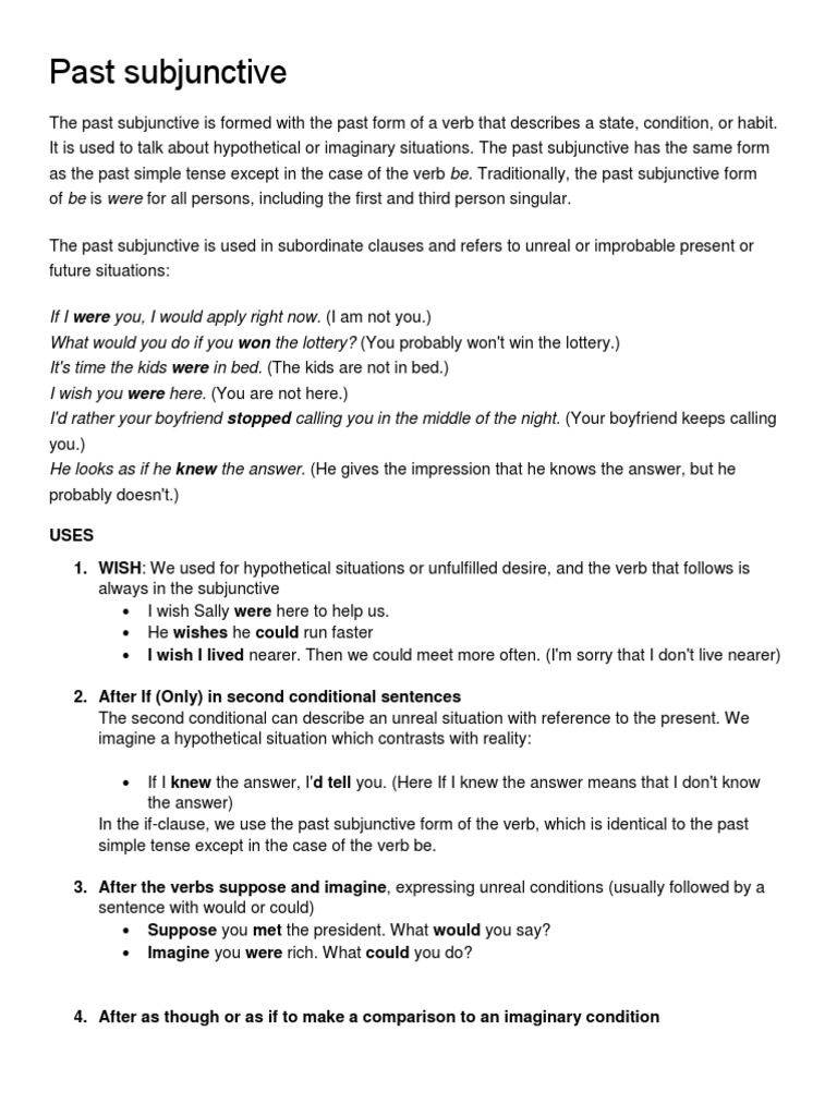 Past Subjunctive: Uses 1. Wish Were Wishes Could | PDF | Grammatical  Conjugation | Verb
