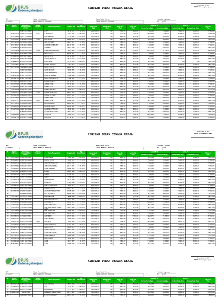 Rincian Iuran Tenaga Kerja Formulir 2a Pu Bpjs Ketenagakerjaan