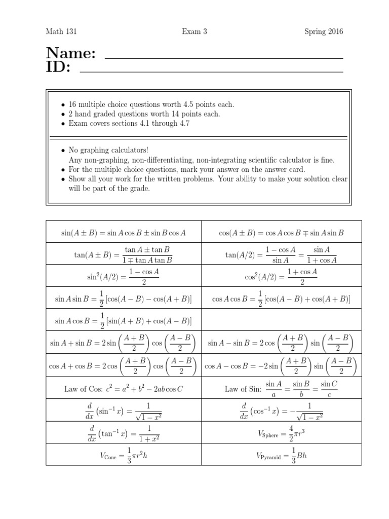 Math131 Spring2016 Exam3 Solutions | PDF | Maxima And Minima | Infinity