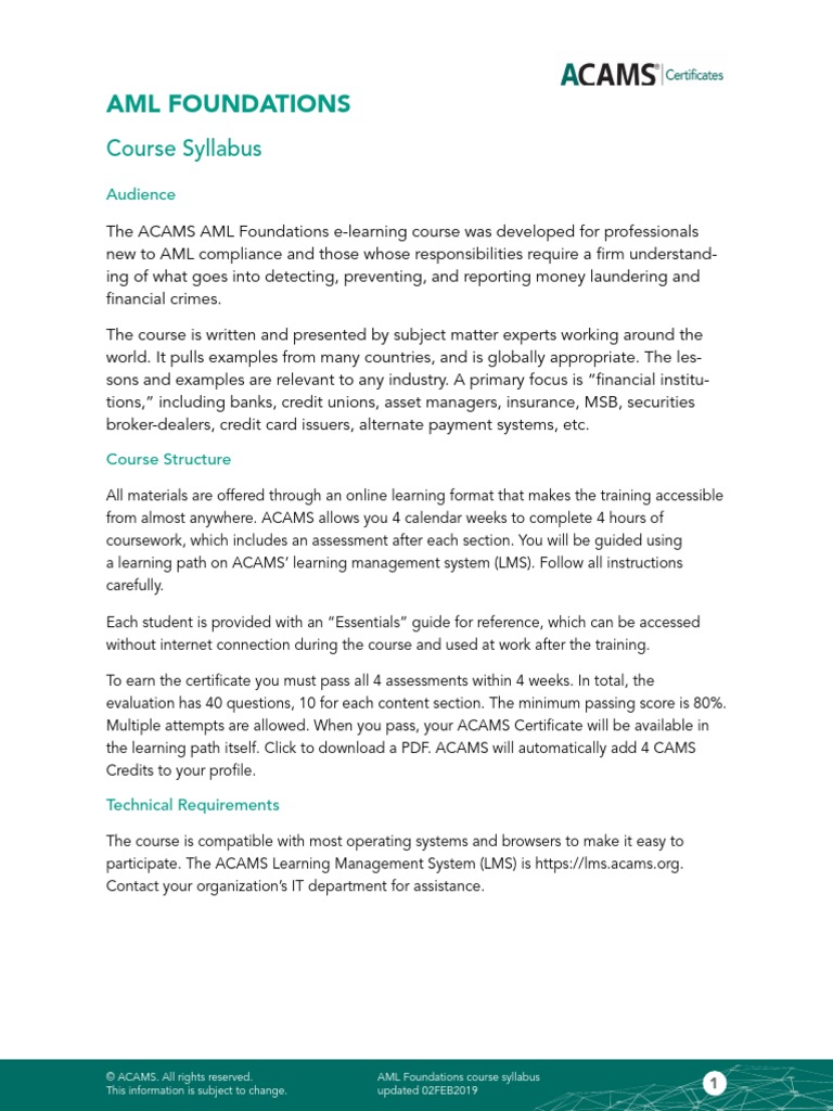Acams Aml Foundations Course Syllabus Money Laundering Credit Card