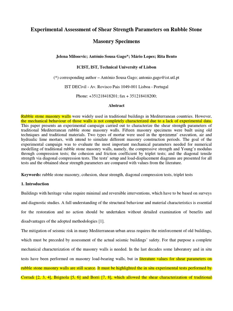 Shear Strength of Rubble Stone Masonry | PDF | Masonry | Strength Of ...