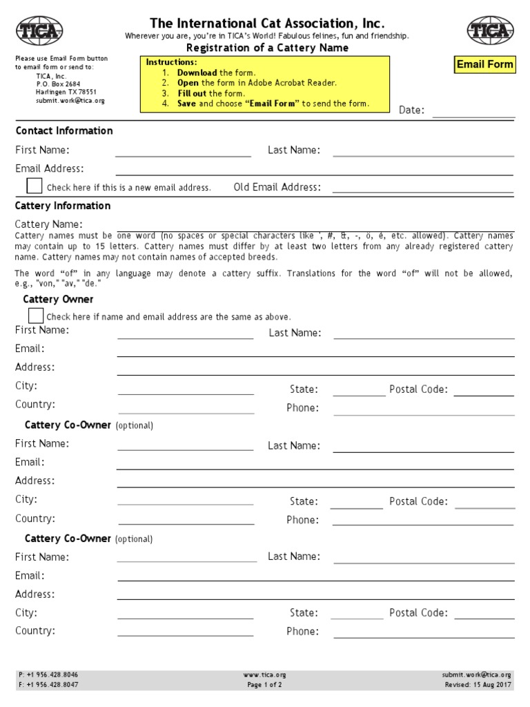 The International Cat Association, Inc. Registration of A Cattery Name